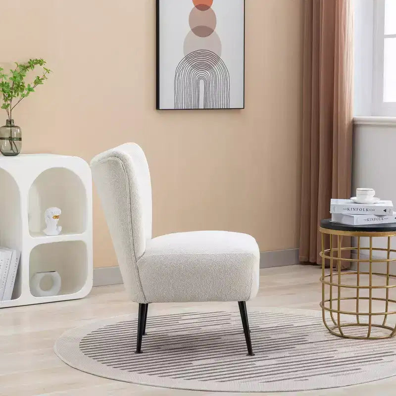 Fauteuil d'appoint moderne sans accoudoirs en Bouclette avec rembourrage en mousse, pieds en bois d'hévéa – Chaise élégante et confortable pour salon, bureau, chambre à coucher