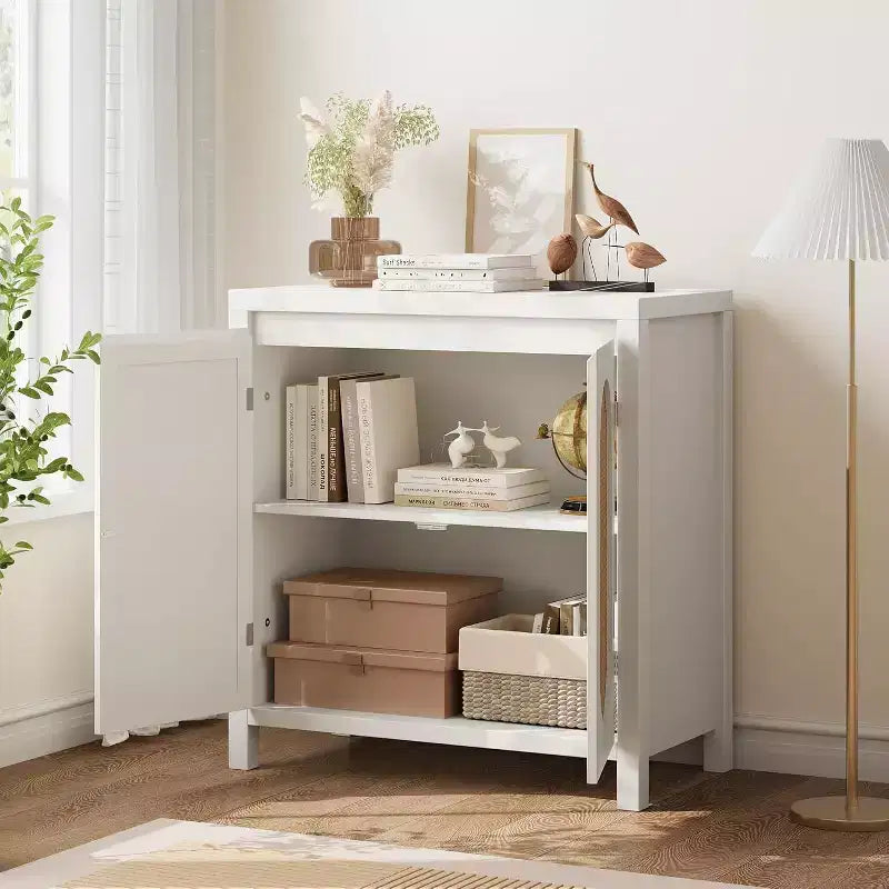 Meuble de bar à café moderne du milieu du siècle de 76,45 cm, buffet avec portes en rotin, table de rangement de cuisine pour salle à manger et entrée