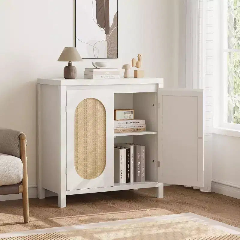 Meuble de bar à café moderne du milieu du siècle de 76,45 cm, buffet avec portes en rotin, table de rangement de cuisine pour salle à manger et entrée