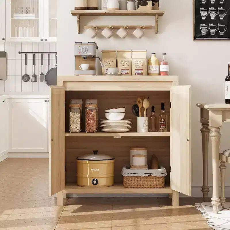 Meuble de bar à café moderne du milieu du siècle de 76,45 cm, buffet avec portes en rotin, table de rangement de cuisine pour salle à manger et entrée