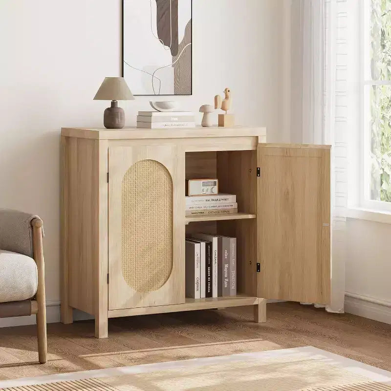 Meuble de bar à café moderne du milieu du siècle de 76,45 cm, buffet avec portes en rotin, table de rangement de cuisine pour salle à manger et entrée