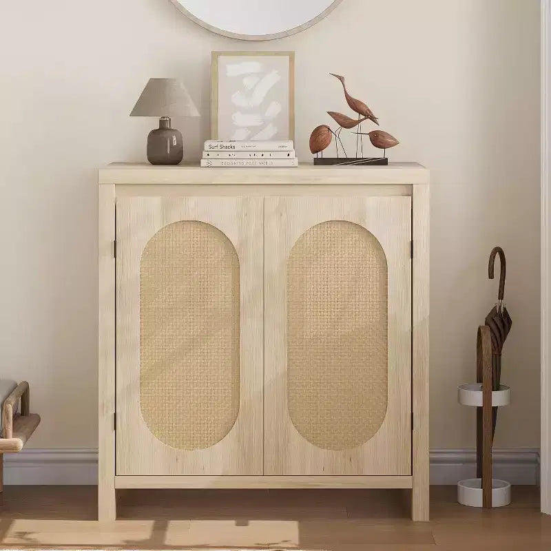 30.1in Mid-Century Modern Coffee Bar Cabinet, Buffet Sideboard with Rattan Doors, Kitchen Storage Table for Dining Room & Entryway