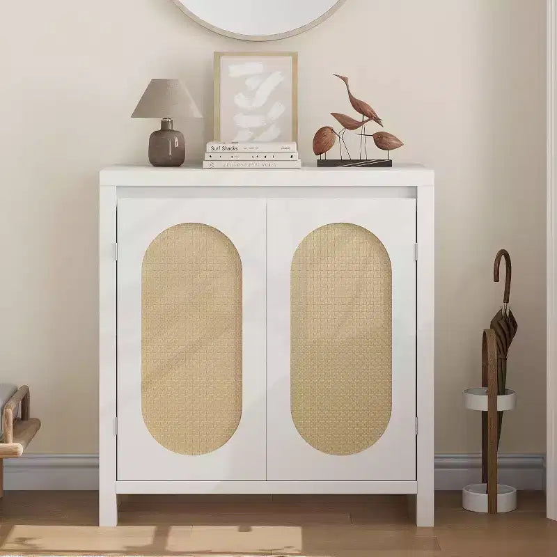 Meuble de bar à café moderne du milieu du siècle de 76,45 cm, buffet avec portes en rotin, table de rangement de cuisine pour salle à manger et entrée