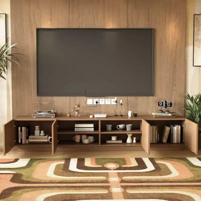 Meuble TV moderne Mid-Century de 86,61 po pour téléviseurs jusqu'à 85 po, console TV avec grand espace de rangement, centre de divertissement pour salon