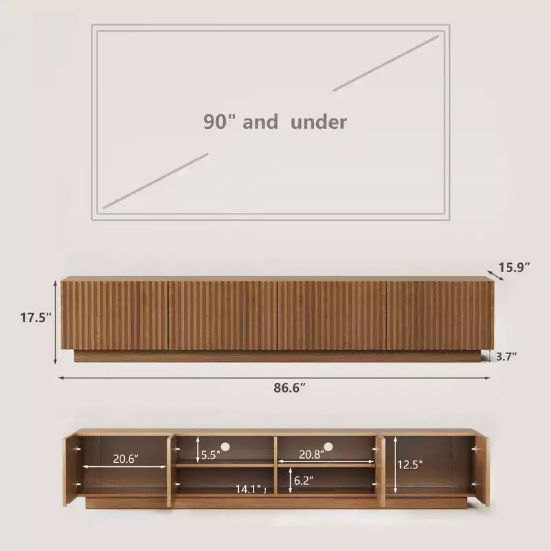 Meuble TV moderne Mid-Century de 86,61 po pour téléviseurs jusqu'à 85 po, console TV avec grand espace de rangement, centre de divertissement pour salon