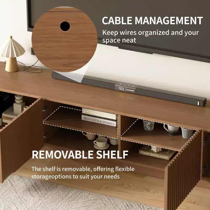 Meuble TV moderne Mid-Century de 86,61 po pour téléviseurs jusqu'à 85 po, console TV avec grand espace de rangement, centre de divertissement pour salon