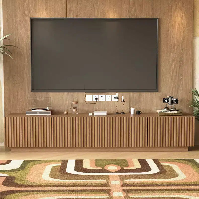 Meuble TV moderne Mid-Century de 86,61 po pour téléviseurs jusqu'à 85 po, console TV avec grand espace de rangement, centre de divertissement pour salon