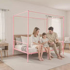 Cadre de lit baldaquin double, lit baldaquin en métal avec tête de lit minimaliste et conception à quatre montants, support à lattes en acier robuste, rose