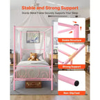Cadre de lit baldaquin double, lit baldaquin en métal avec tête de lit minimaliste et conception à quatre montants, support à lattes en acier robuste, rose