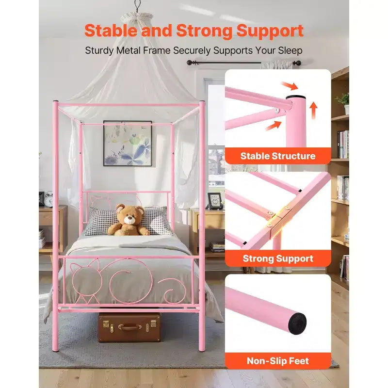 Cadre de lit baldaquin double, lit baldaquin en métal avec tête de lit minimaliste et conception à quatre montants, support à lattes en acier robuste, rose