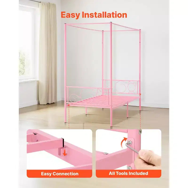 Cadre de lit baldaquin double, lit baldaquin en métal avec tête de lit minimaliste et conception à quatre montants, support à lattes en acier robuste, rose