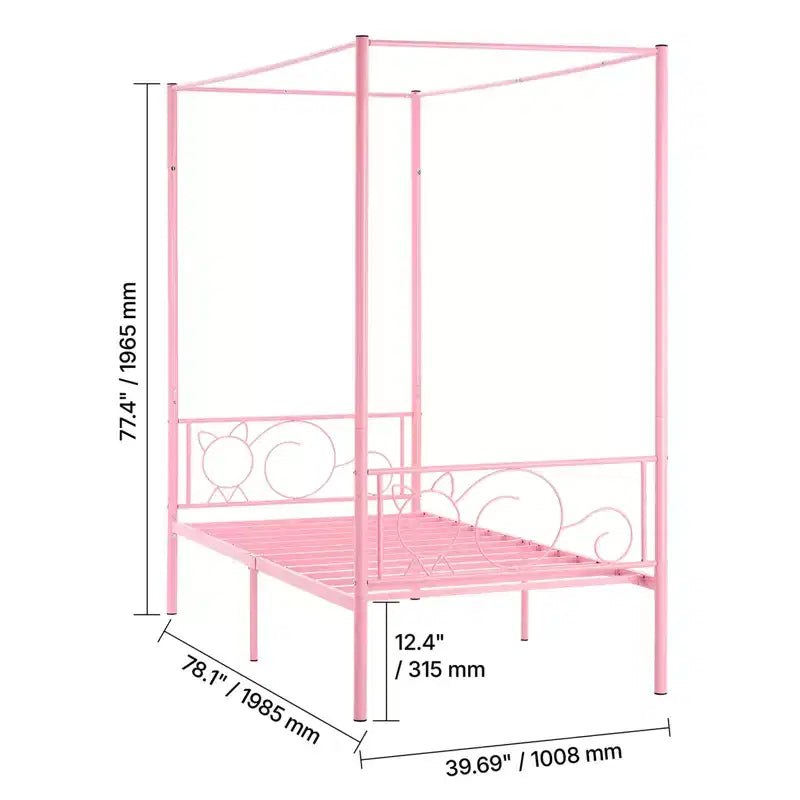 Cadre de lit baldaquin double, lit baldaquin en métal avec tête de lit minimaliste et conception à quatre montants, support à lattes en acier robuste, rose