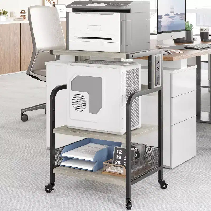 Meuble d'imprimante, Chariot roulant à 3 niveaux avec ports USB et prises de courant - Table de rangement robuste (Maison/Bureau, Gris)