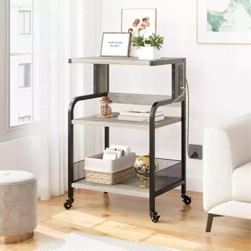 Meuble d'imprimante, Chariot roulant à 3 niveaux avec ports USB et prises de courant - Table de rangement robuste (Maison/Bureau, Gris)