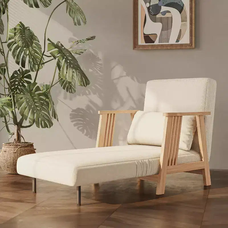 Lit pliant, fauteuil convertible moderne en bois rembourré, méridienne inclinable, canapé-lit pour chambre et salon, beige