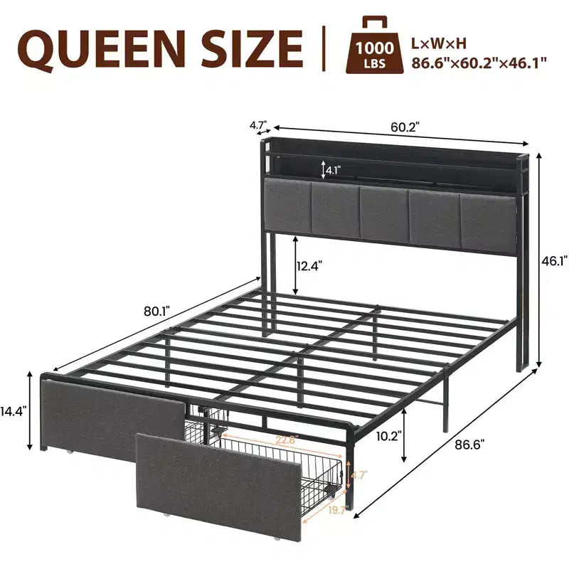 Cadre de lit Queen avec 2 tiroirs de rangement, tête de lit rembourrée avec lumières LED et station de recharge