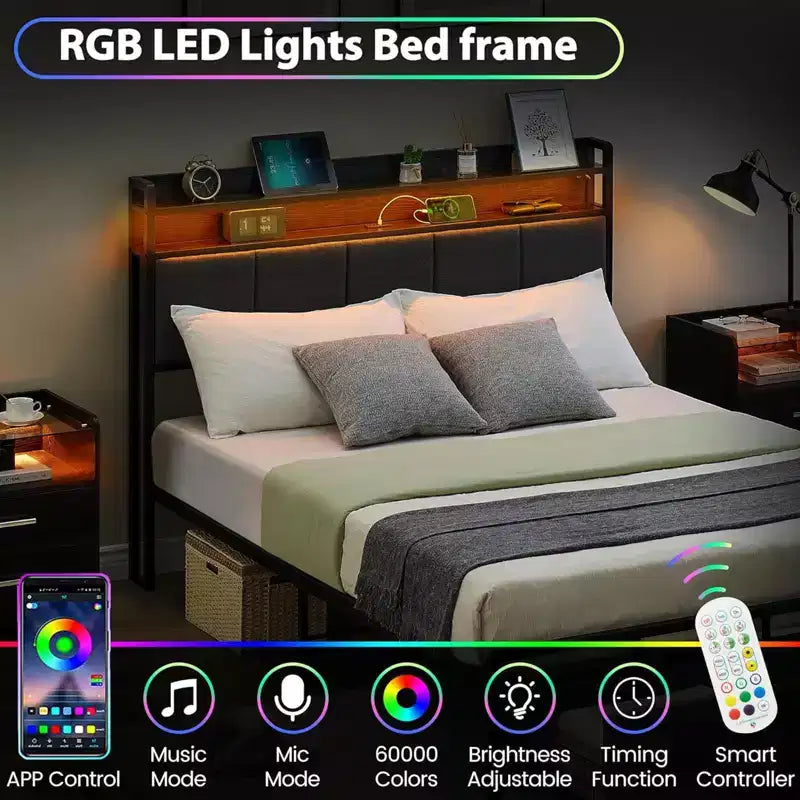 Cadre de lit Queen avec 2 tiroirs de rangement, tête de lit rembourrée avec lumières LED et station de recharge