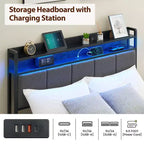 Cadre de lit Queen avec 2 tiroirs de rangement, tête de lit rembourrée avec lumières LED et station de recharge
