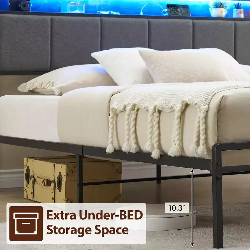 Cadre de lit Queen avec 2 tiroirs de rangement, tête de lit rembourrée avec lumières LED et station de recharge