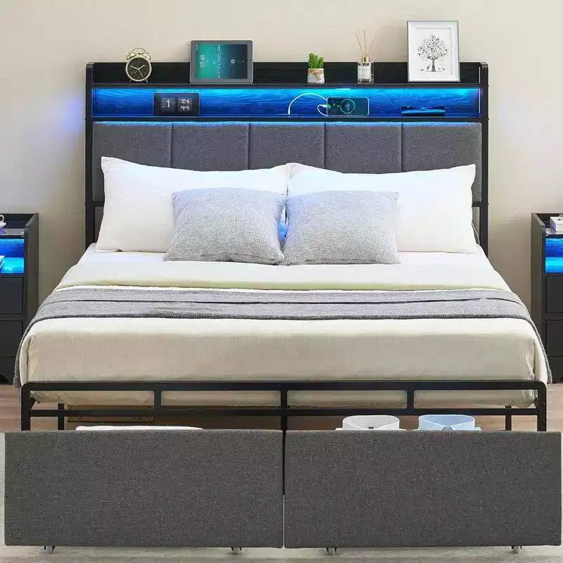 Cadre de lit Queen avec 2 tiroirs de rangement, tête de lit rembourrée avec lumières LED et station de recharge