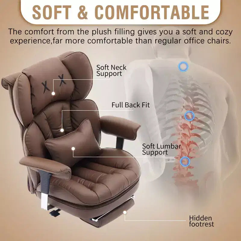 Chaise de bureau grande taille avec repose-pieds - Fauteuil de direction à dossier haut avec assise large, accoudoirs réglables, chaise d'ordinateur ergonomique, marron