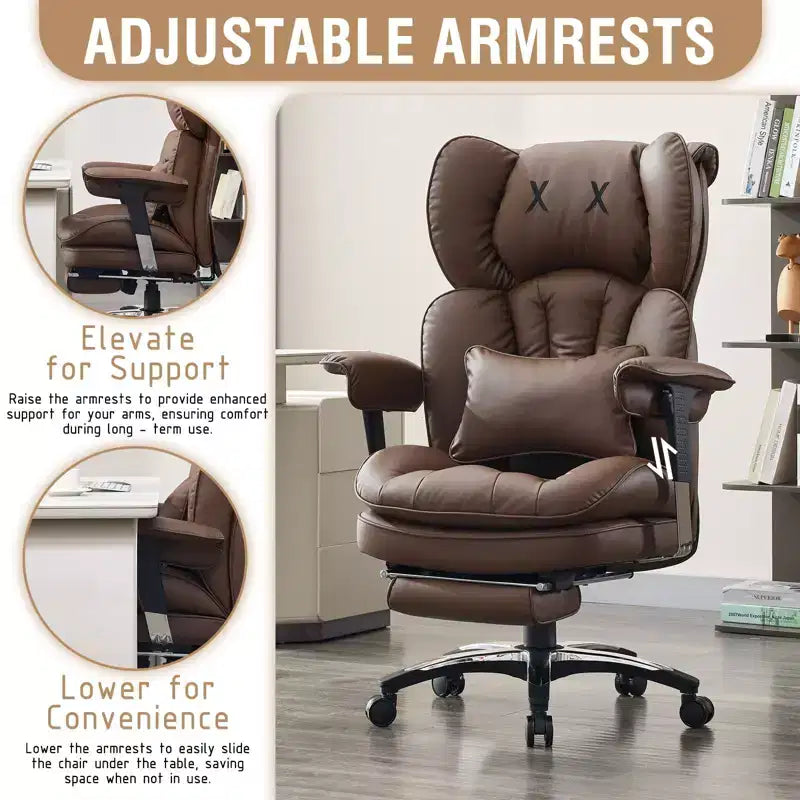 Chaise de bureau grande taille avec repose-pieds - Fauteuil de direction à dossier haut avec assise large, accoudoirs réglables, chaise d'ordinateur ergonomique, marron