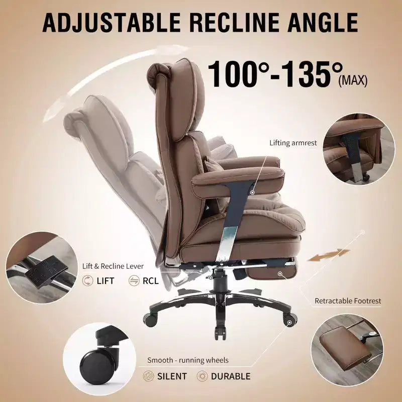 Chaise de bureau grande taille avec repose-pieds - Fauteuil de direction à dossier haut avec assise large, accoudoirs réglables, chaise d'ordinateur ergonomique, marron