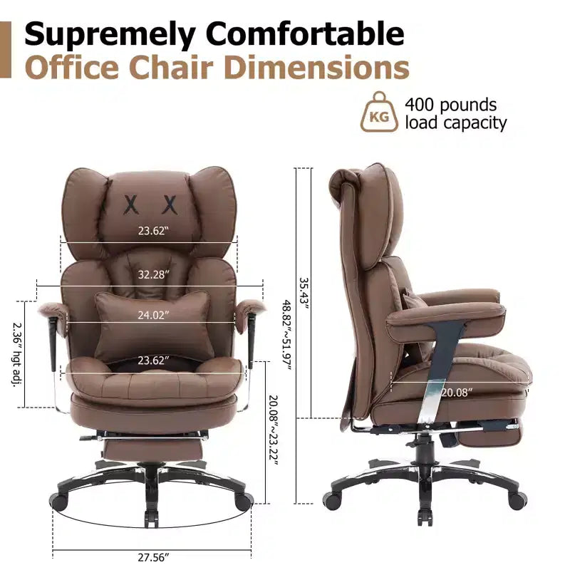 Chaise de bureau grande taille avec repose-pieds - Fauteuil de direction à dossier haut avec assise large, accoudoirs réglables, chaise d'ordinateur ergonomique, marron