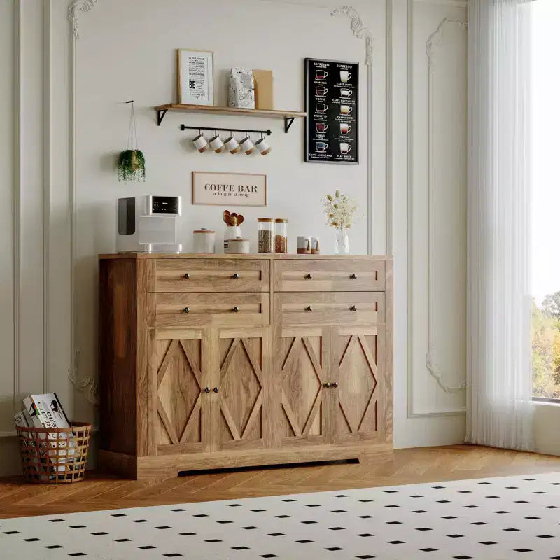 Modern Farmhouse Buffet Cabinet with Storage, Sideboard Storage Cabinet with 4 Doors & 4 Drawers Coffee Bar