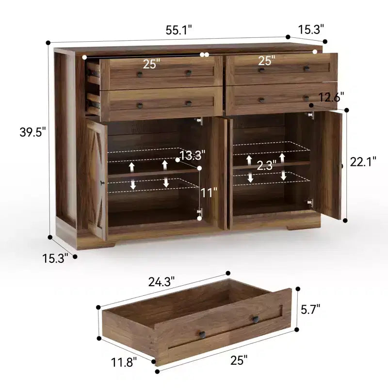 Bahut de ferme moderne avec rangement, meuble de rangement avec 4 portes et 4 tiroirs pour bar à café