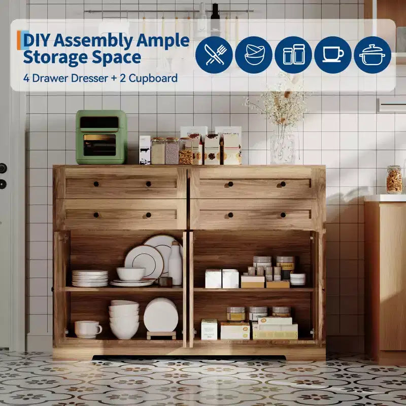 Bahut de ferme moderne avec rangement, meuble de rangement avec 4 portes et 4 tiroirs pour bar à café