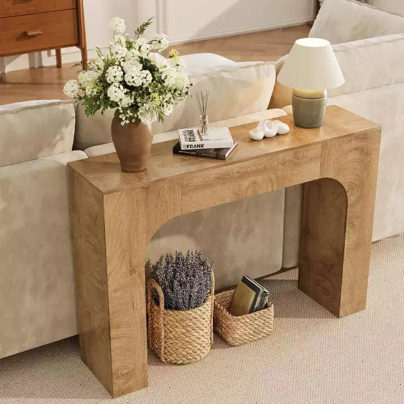 Longue console pour entrée, table de canapé rectangulaire en bois derrière le canapé, table d'entrée étroite pour salon, entrée, couloir, foyer.