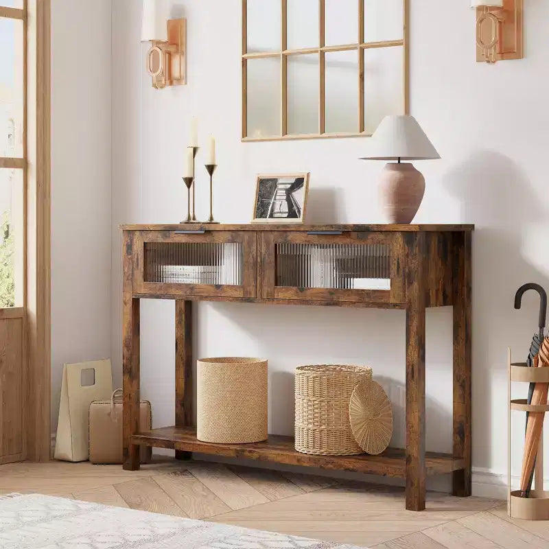 Console en bois de 43 po pour entrée, table de canapé à 2 niveaux avec 2 tiroirs en verre et rangement, idéale pour salon et hall d'entrée