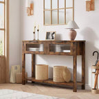 Console en bois de 43 po pour entrée, table de canapé à 2 niveaux avec 2 tiroirs en verre et rangement, idéale pour salon et hall d'entrée