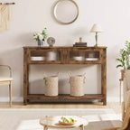 Console en bois de 43 po pour entrée, table de canapé à 2 niveaux avec 2 tiroirs en verre et rangement, idéale pour salon et hall d'entrée