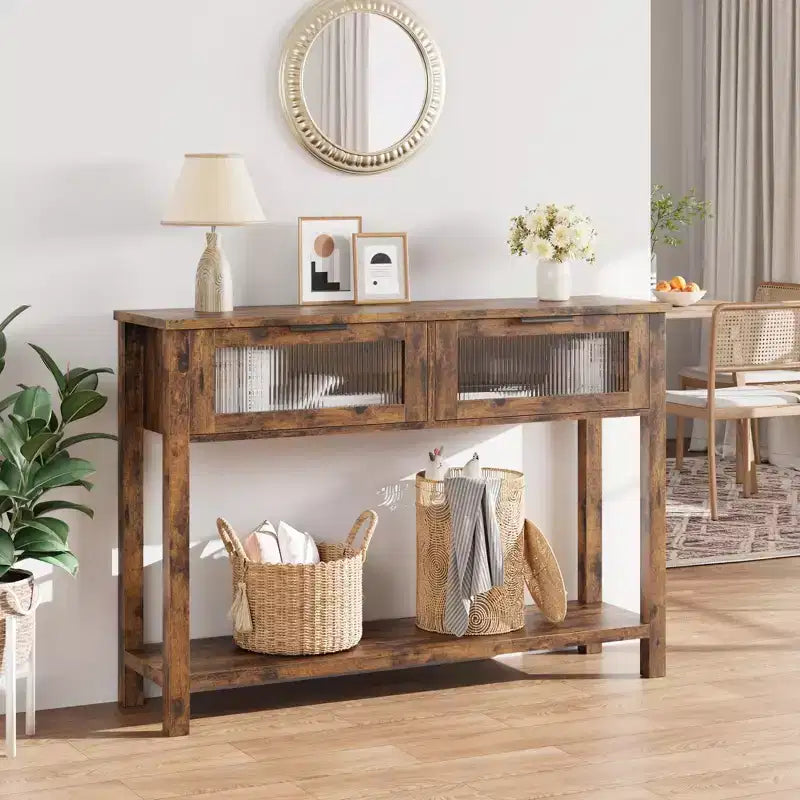 Console en bois de 43 po pour entrée, table de canapé à 2 niveaux avec 2 tiroirs en verre et rangement, idéale pour salon et hall d'entrée