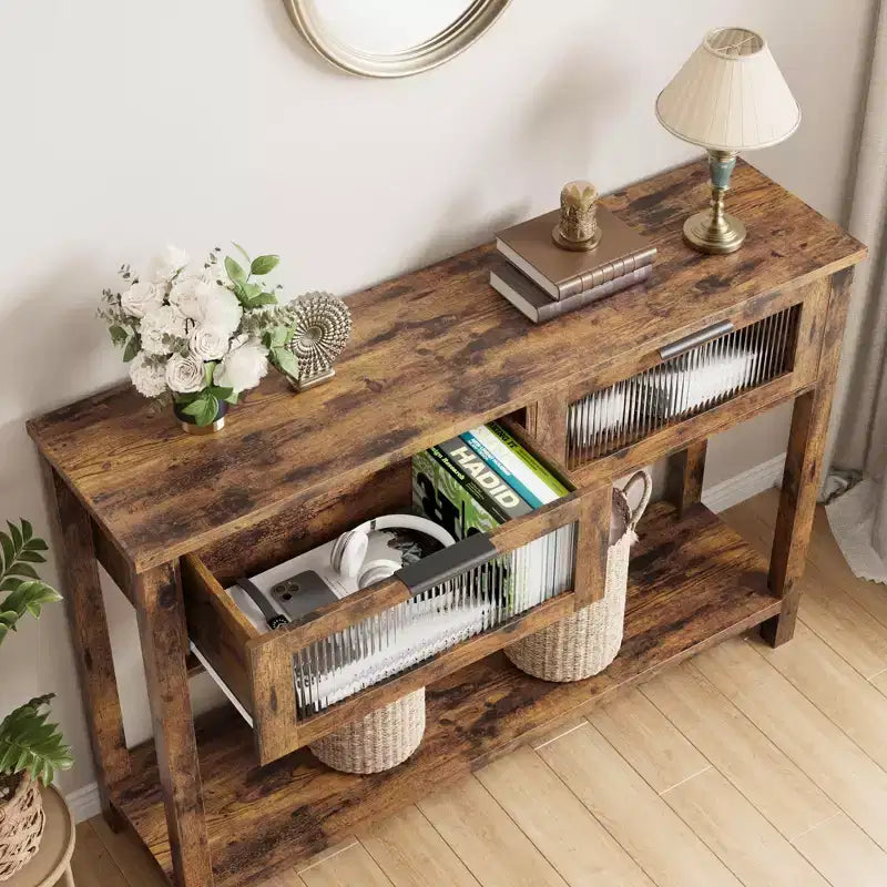Console en bois de 43 po pour entrée, table de canapé à 2 niveaux avec 2 tiroirs en verre et rangement, idéale pour salon et hall d'entrée