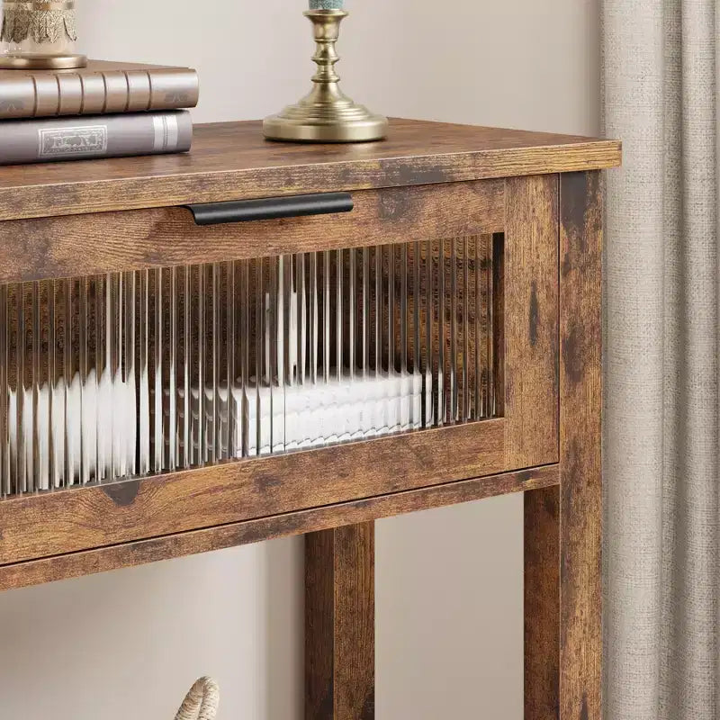 Console en bois de 43 po pour entrée, table de canapé à 2 niveaux avec 2 tiroirs en verre et rangement, idéale pour salon et hall d'entrée