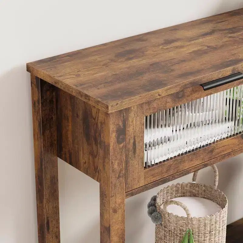 Console en bois de 43 po pour entrée, table de canapé à 2 niveaux avec 2 tiroirs en verre et rangement, idéale pour salon et hall d'entrée