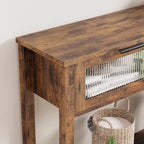 Console en bois de 43 po pour entrée, table de canapé à 2 niveaux avec 2 tiroirs en verre et rangement, idéale pour salon et hall d'entrée