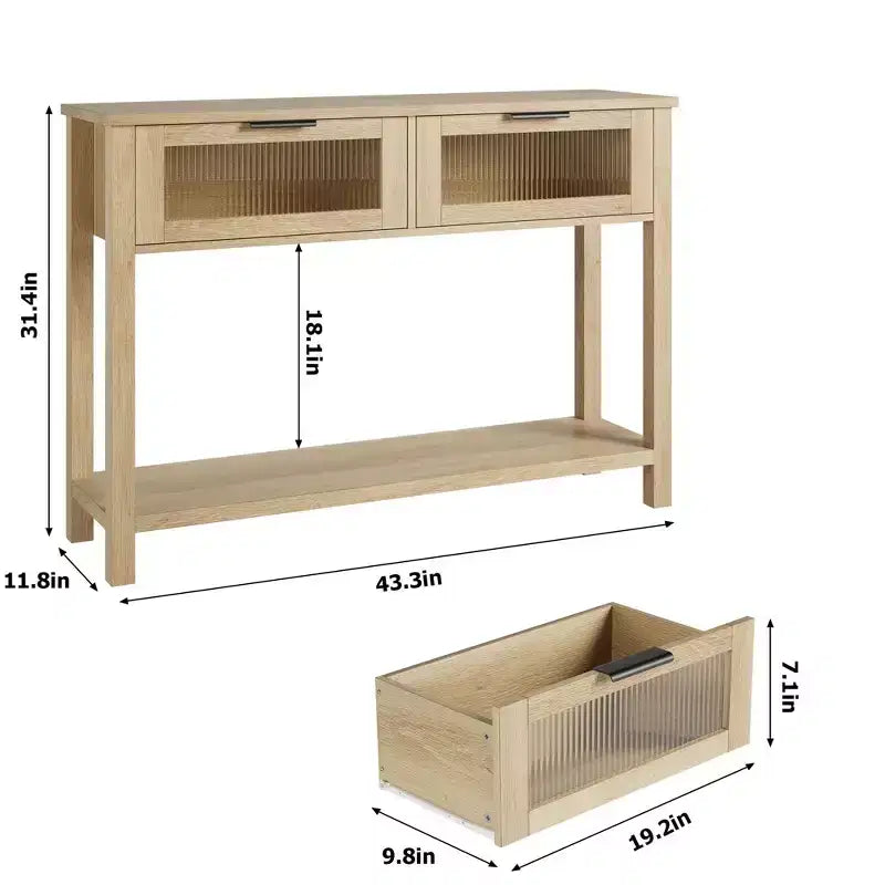 Console en bois de 43 po pour entrée, table de canapé à 2 niveaux avec 2 tiroirs en verre et rangement, idéale pour salon et hall d'entrée