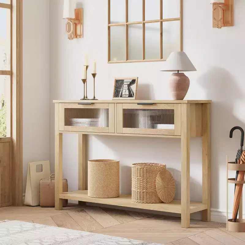 Console en bois de 43 po pour entrée, table de canapé à 2 niveaux avec 2 tiroirs en verre et rangement, idéale pour salon et hall d'entrée