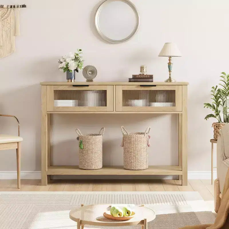 Console en bois de 43 po pour entrée, table de canapé à 2 niveaux avec 2 tiroirs en verre et rangement, idéale pour salon et hall d'entrée