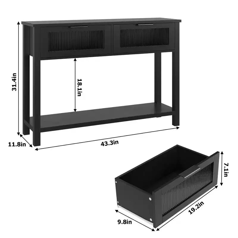 Console en bois de 43 po pour entrée, table de canapé à 2 niveaux avec 2 tiroirs en verre et rangement, idéale pour salon et hall d'entrée
