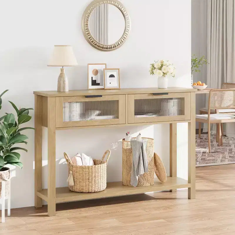 Console en bois de 43 po pour entrée, table de canapé à 2 niveaux avec 2 tiroirs en verre et rangement, idéale pour salon et hall d'entrée