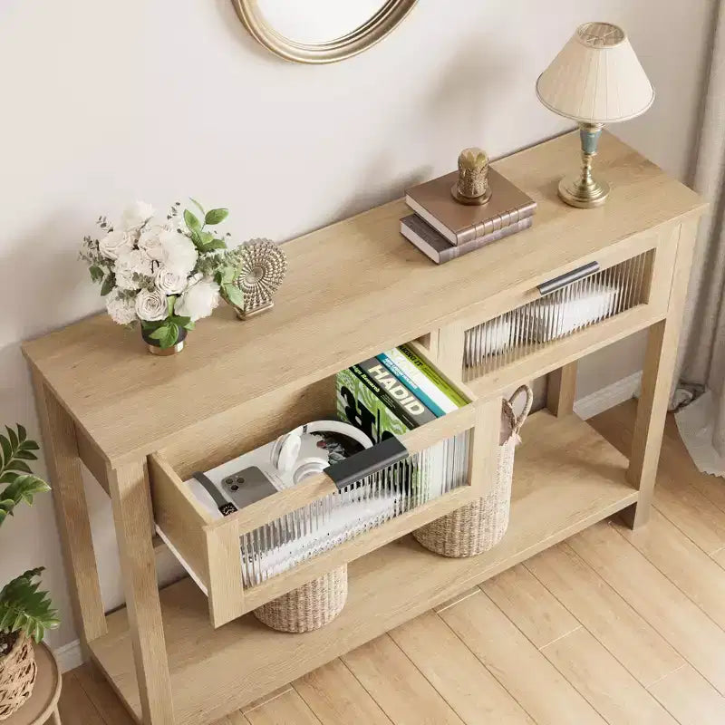 Console en bois de 43 po pour entrée, table de canapé à 2 niveaux avec 2 tiroirs en verre et rangement, idéale pour salon et hall d'entrée