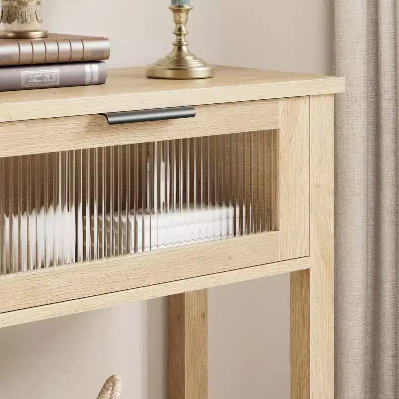 Console en bois de 43 po pour entrée, table de canapé à 2 niveaux avec 2 tiroirs en verre et rangement, idéale pour salon et hall d'entrée