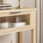 Console en bois de 43 po pour entrée, table de canapé à 2 niveaux avec 2 tiroirs en verre et rangement, idéale pour salon et hall d'entrée