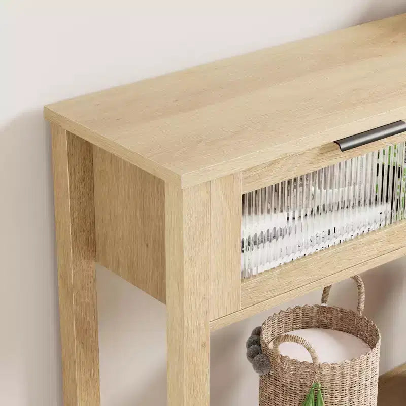 Console en bois de 43 po pour entrée, table de canapé à 2 niveaux avec 2 tiroirs en verre et rangement, idéale pour salon et hall d'entrée