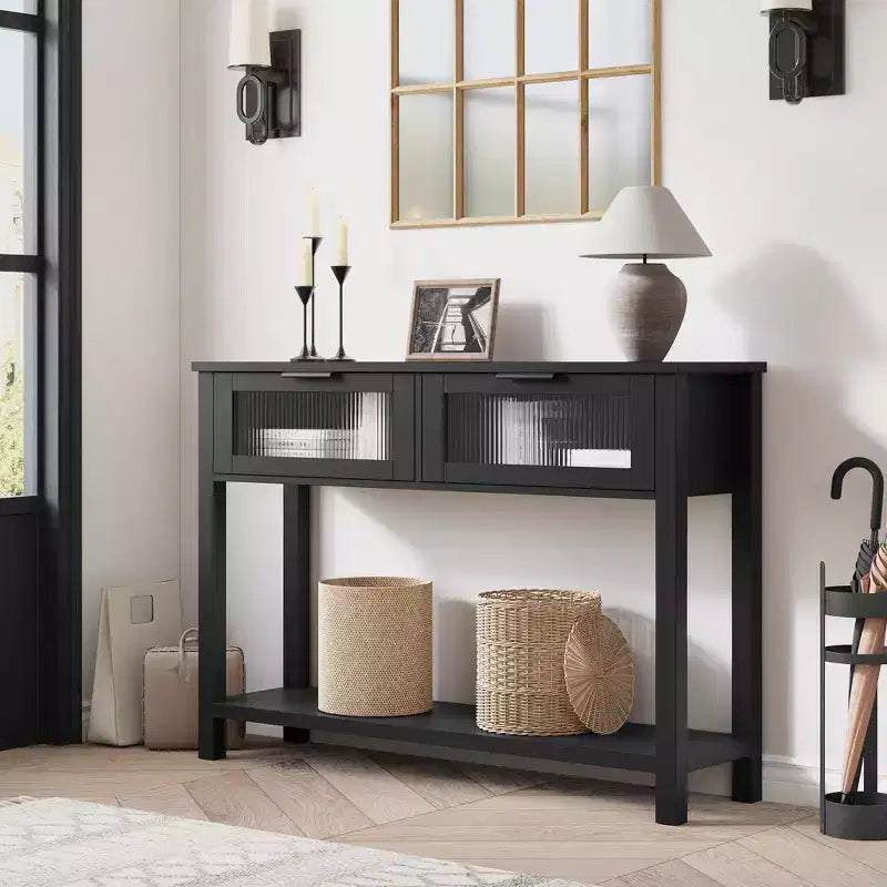 Console en bois de 43 po pour entrée, table de canapé à 2 niveaux avec 2 tiroirs en verre et rangement, idéale pour salon et hall d'entrée